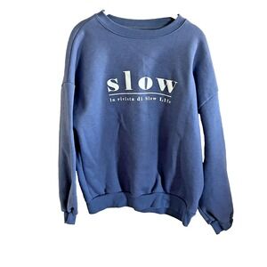 Slow La Rivista di Slow Life Graphic Sweater Blue Casual Graphic‎ Large Cozy